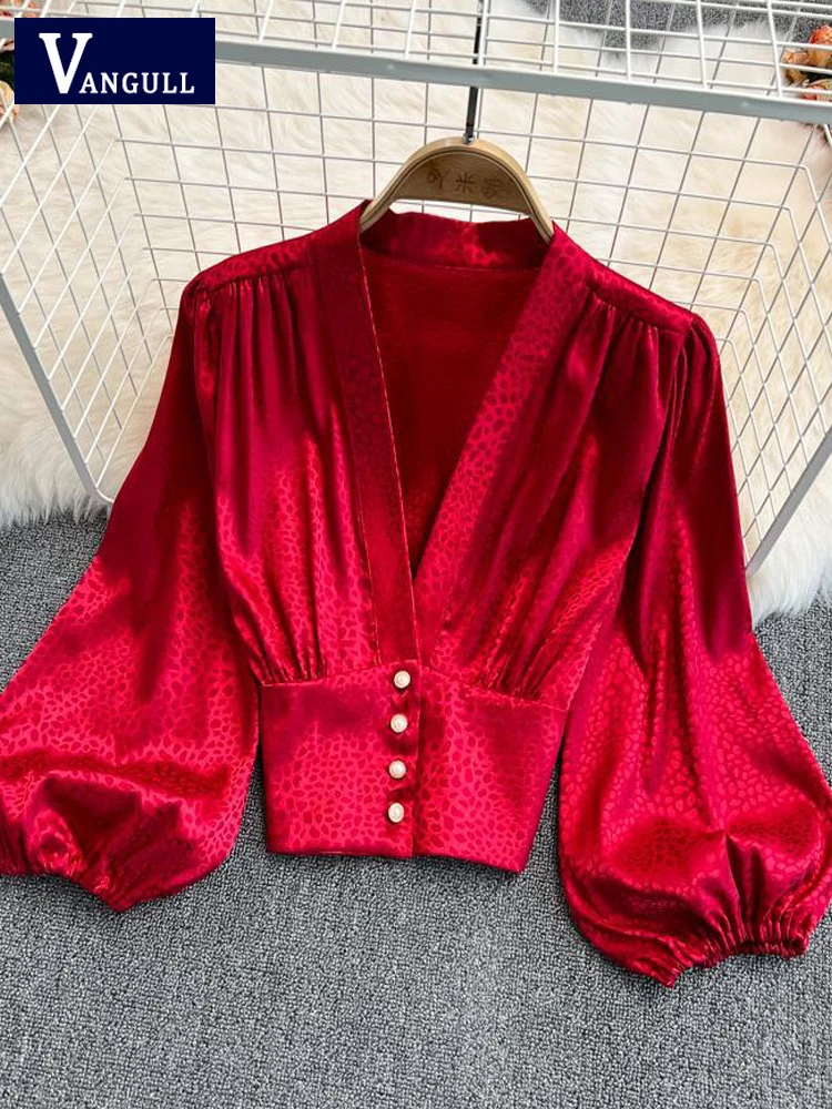 

Vangull Fashion Red Short Chiffon Shirt Women V-Neck Leopard Print High Waist Tops Female Spring New Lantern Sleeve Ladies Shirt