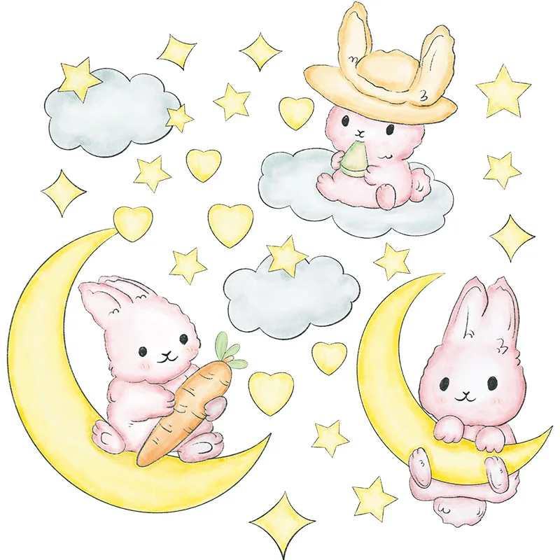 

PVC Stickers Cartoon Rabbit Moon Cloud Stars Eid al-Fitr Children's Room Kindergarten Wall Decoration Self-Adhesive Arrangeme