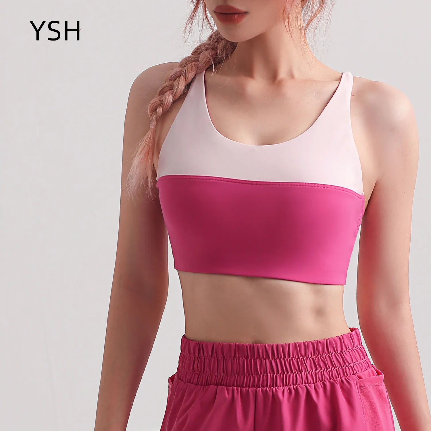 

YUSHUHUA Contrasting Colors Fitness Yoga Bra U Neck Lady Shockproof Sports Top Cross Back Sportswear For Women Gym Sports Bra
