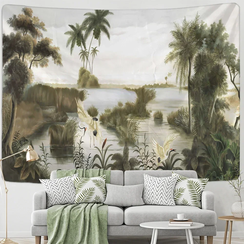 Зеленый гобелен с попугаем приморские лесные растения настенный хиппи тапиз