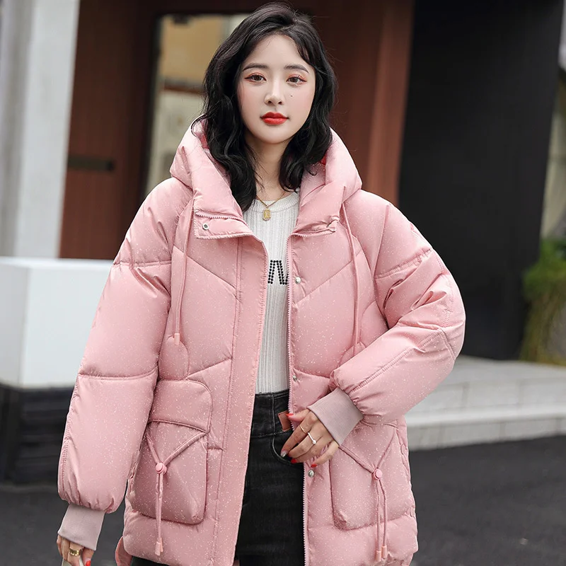 2022 New Autumn Winter Women Jacket Hooded Flash Powder Short Parkas Cotton Padded Winter Clothes Casual Coat Female