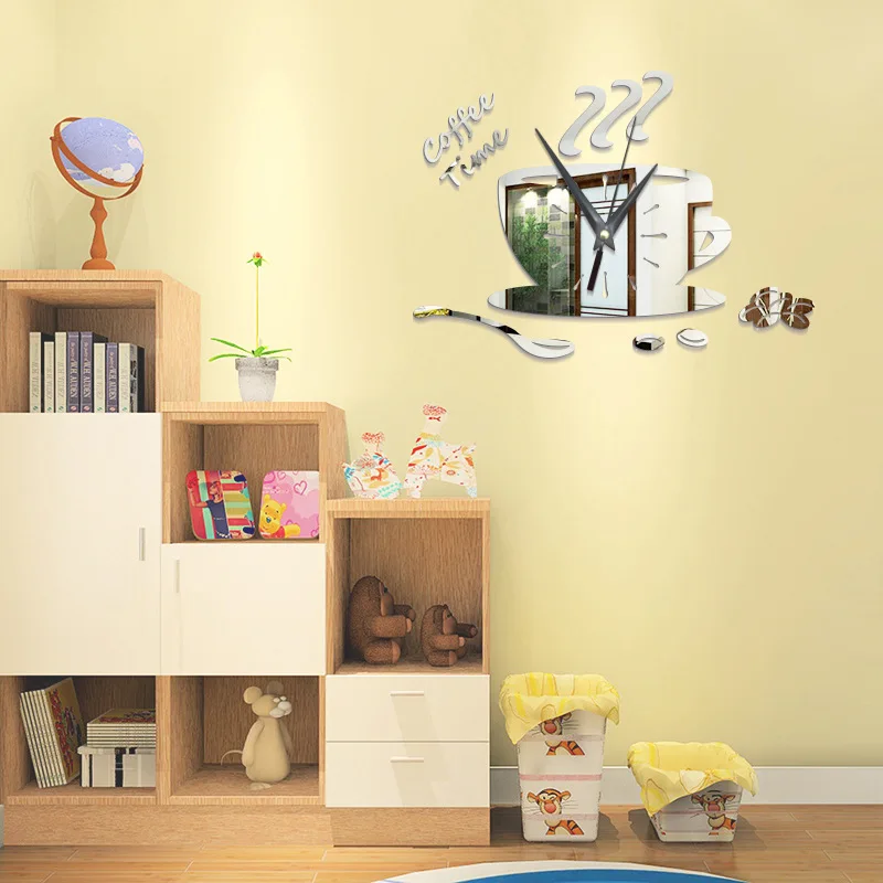 

Simple and creative coffee cup mirror wall clock mute modern home decoration background wall sticker clock