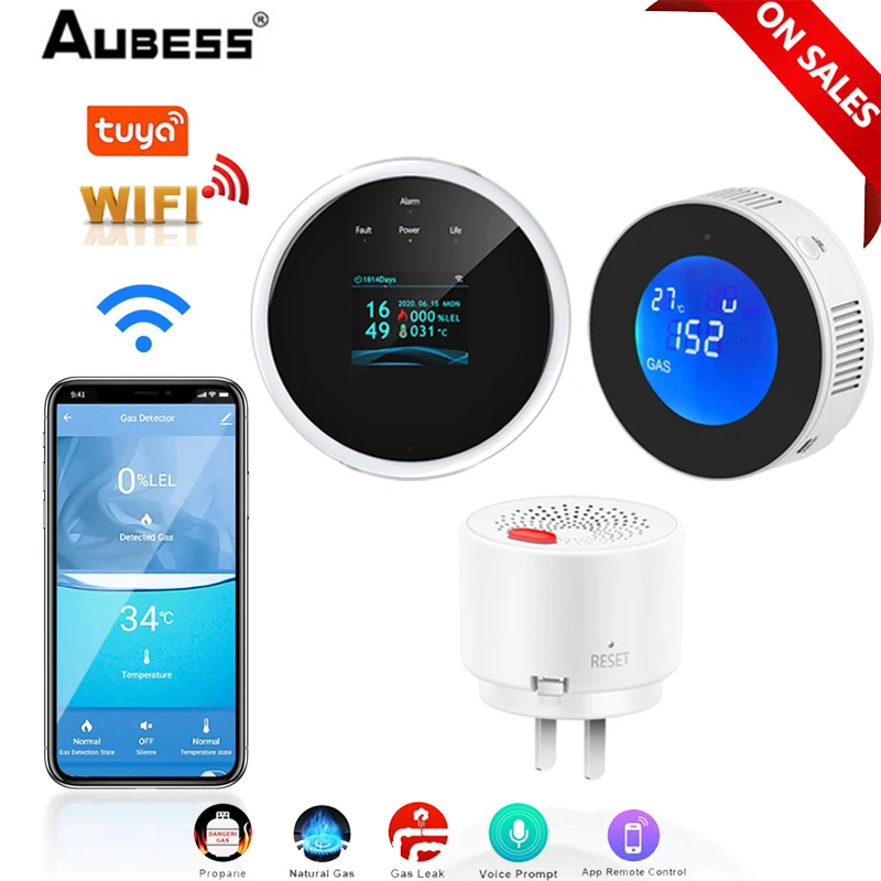 

Умный детектор утечки газа AUBESS, смарт-клапан с Wi-Fi, датчик природного газа, светодиодный цифровой детектор дыма, работает с Smartlife