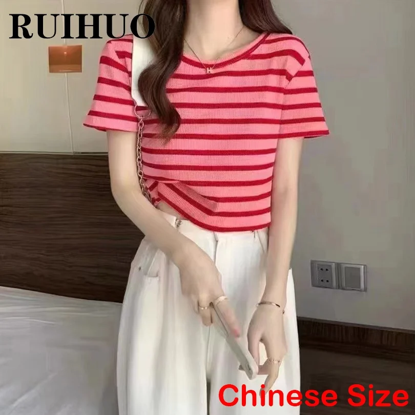 

Женская футболка в полоску RUIHUO, бесплатная доставка, топ 2022, летняя одежда для женщин, футболка в китайском стиле, Новое поступление