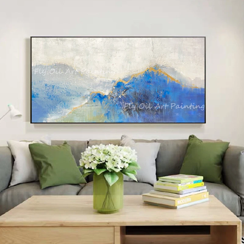 

100% Handmade gold foil large size simple pure blue and grey canvas modern Oil Painting Porch Aisle For Living Room decor