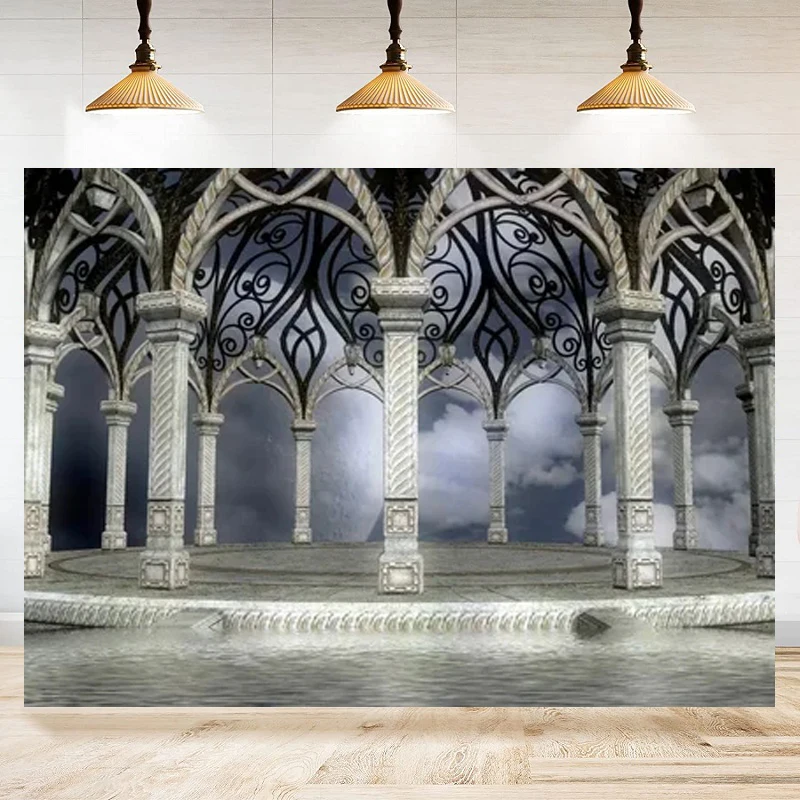 

Fantasy Palace Garden Photography Backdrop Vintage Balcony Gothic Windows Winter Scene Mediaeval Castle Party Background Poster