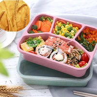 4 cell lunch box wheat straw japanese style lunch box students food container microwave square split office workers food box