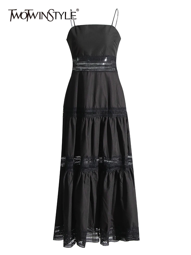 

TWOTWINSTYLE Solid Hollow Out Dresses For Women Square Collar Sleeveless Temperamnet Vintage Dress Female Fashion Clothing 2023