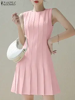 ZANZEA Elegant Commuting OL Short Robes Casual Round Neck Tank Dress Women Summer Solid Pleated Fashion Sleeveless Mini Dresses 1