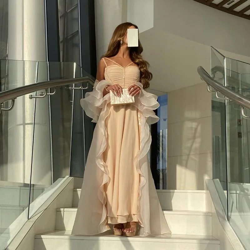 

Pink Evening Dresses 2023 Saudi Arabia Chiffon Cape Women Foraml Celebrity Party Dress Prom Gowns Robes De Soirée