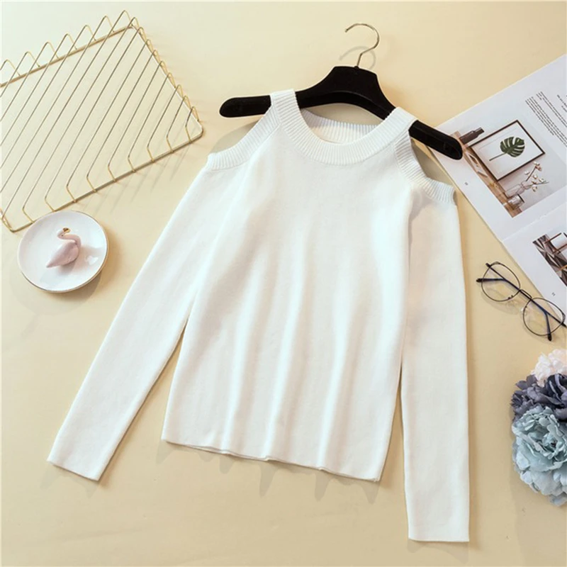 

Women Solid Slim Pullover Sweater White Black Jumpers 2022 Autumn Winter Female Tops Sexy Off Shoulder Knitted Sweater