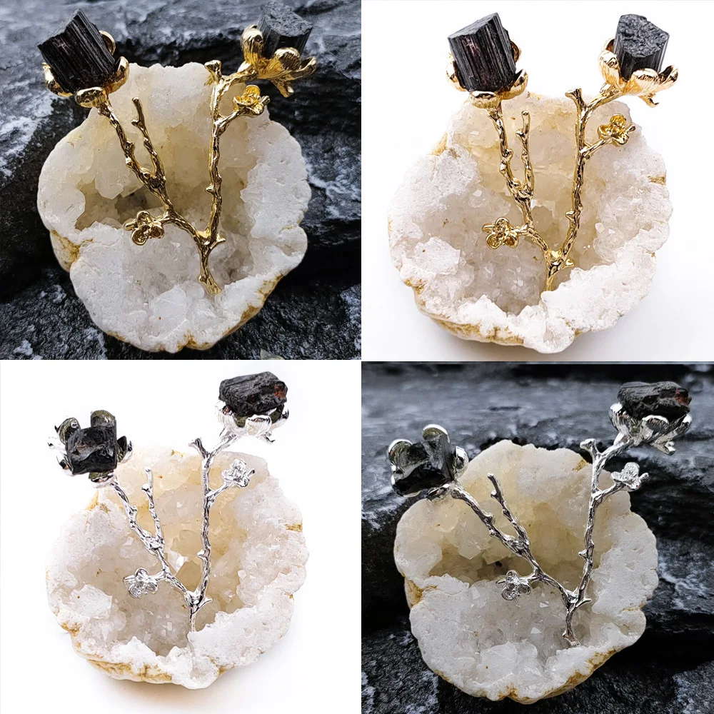 Natural Agate Geode Flower Branch Inlaid With Amethyst Yellow Crystal Tourmaline Small Raw Stone Ornament Soft Decoration Crafts