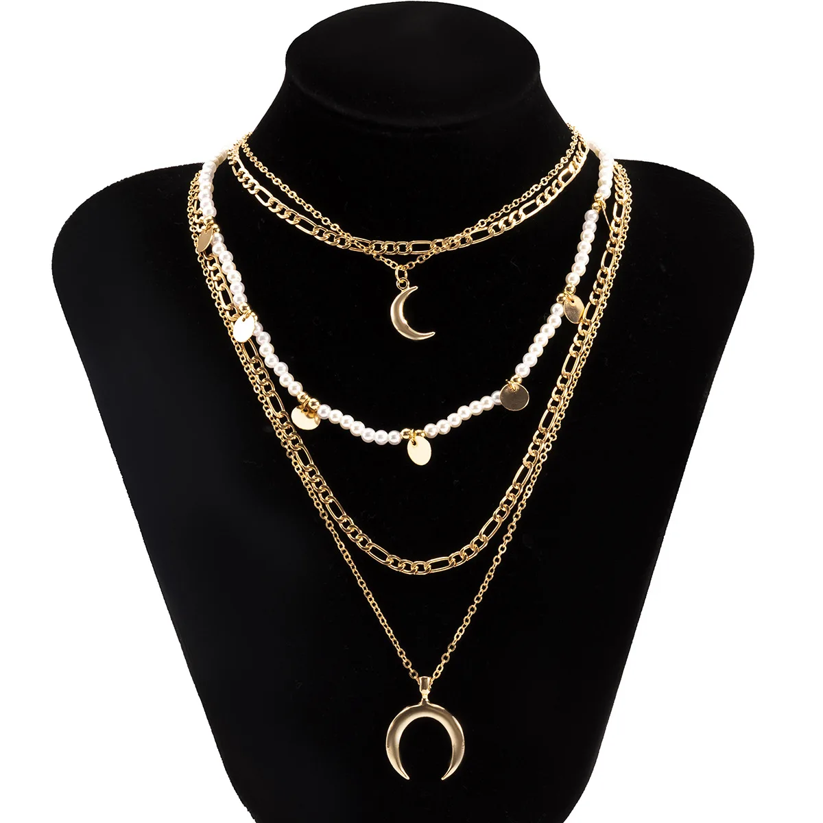 Bohemian Multi Layered Pearl Necklace For Women Moon Pendant Black Bead Gold Plated Chain Fashion Trendy Choker Jewelry Gift