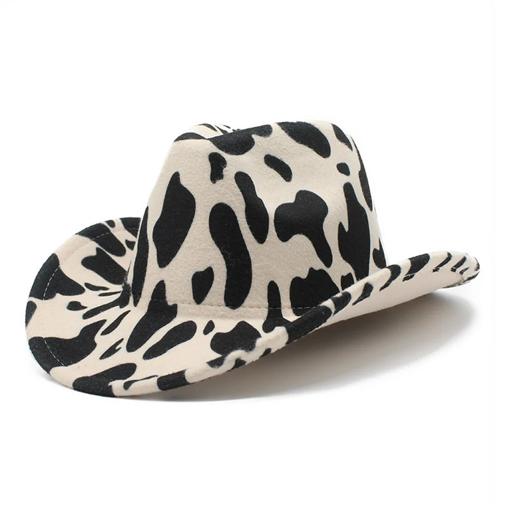 

Cowboy Hats Cow Print Jazz Cap Felt Curved Brim Cowgirl Western Casual Style 56-58cm Fashion Cool Boy Female And Male NZ0031