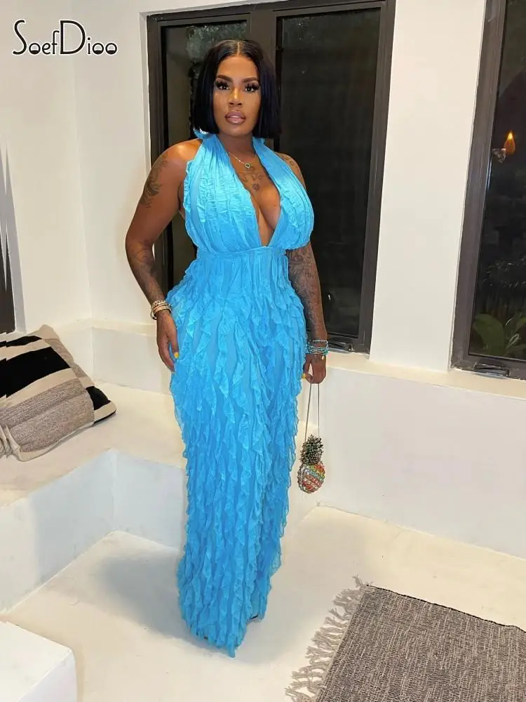 

Женский комбинезон с лямкой на шее Soefdioo, комбинезон без рукавов с запахом, оборками и широкими штанинами, 2023