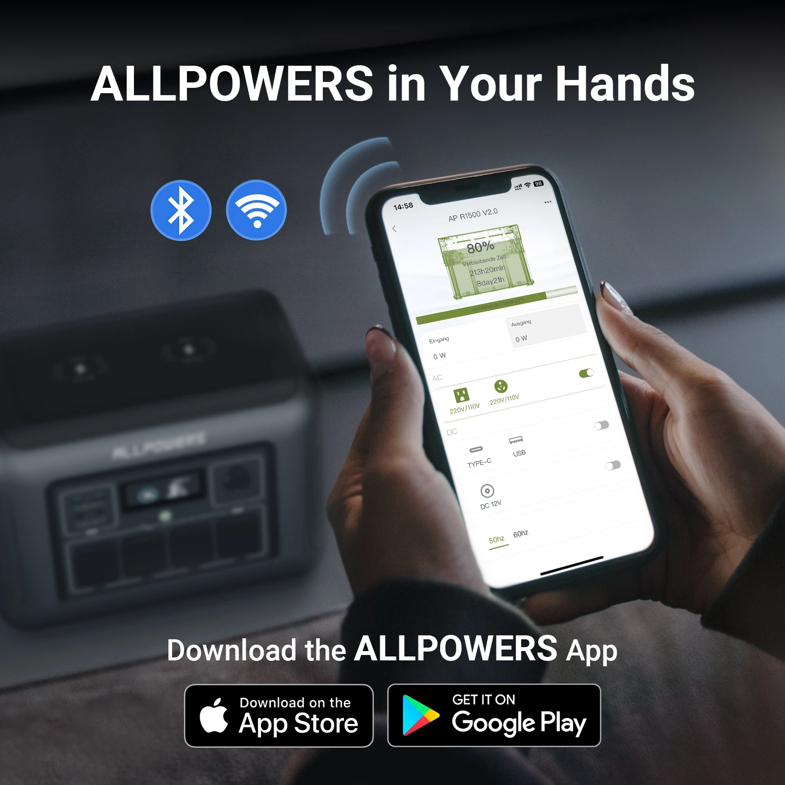 Портативная электростанция ALLPOWERS R1500 аккумулятор LiFePO4 1152 Втч с мощностью 1800 Вт (3000