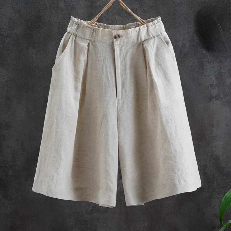 

2023 New Summer Fashion Vintage Cotton Hemp Solid Wide Leg Shorts Loose Elastic Waist Cropped Casual Pants for Women