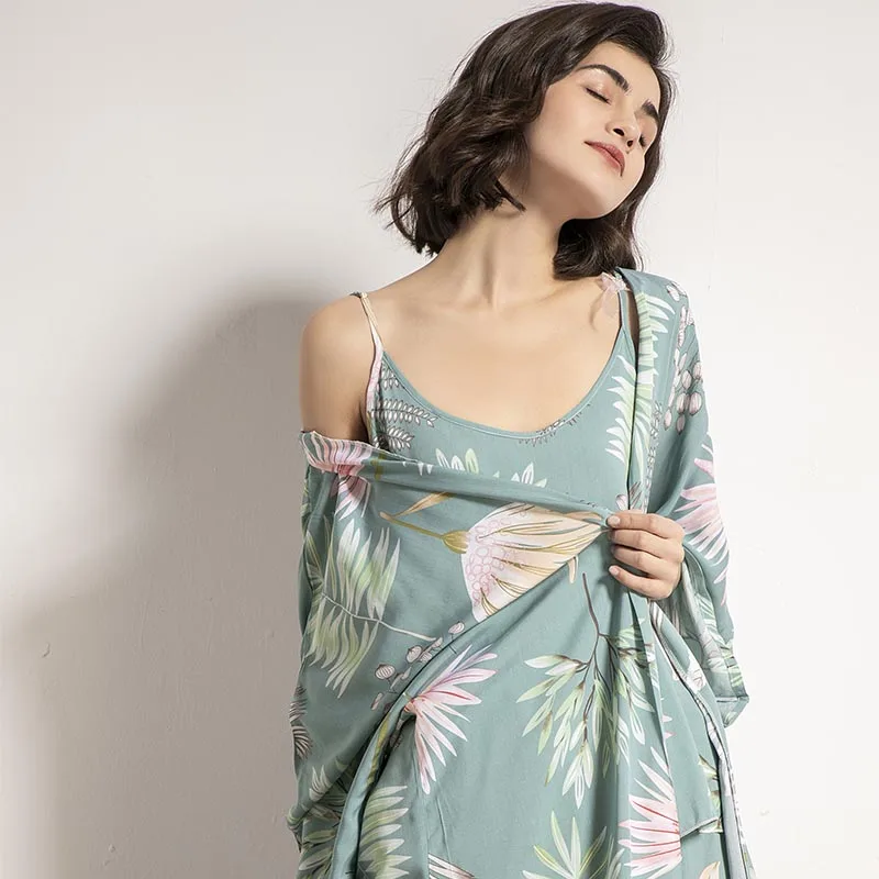 Sunflower Printed Women Sleepwear Light Blue Cotton Satin Pajamas Set Ladies Loose Thin Homewear  Pijamas  Pajama Set