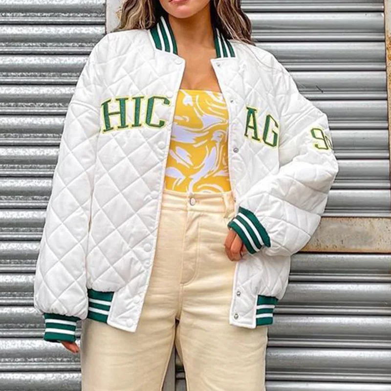 New Women Casual Letter Print Baseball Parka Autumn Winter Female Fashion Streetwear Long Sleeve O Neck Y2K Bomber Jacket Coat