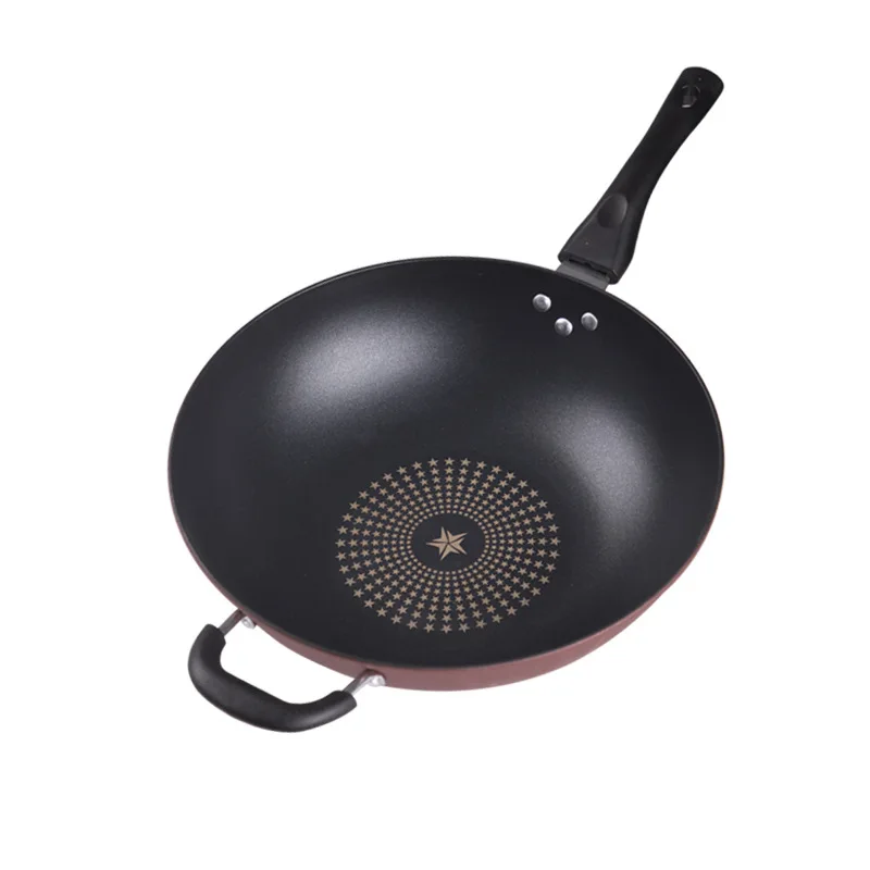 kitchen wok 32cm with glass cover nonstick pan stainless steel medical stone double pattern frying lid |