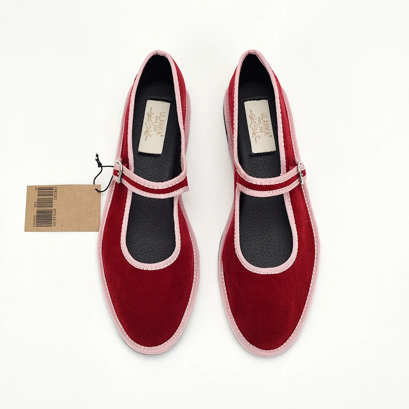 Босоножки женские бархатные с круглым носком винтажные балетки бордового