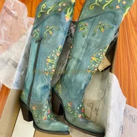Vintage Blue V Mouth Embroidered Block Heel Knee-High Boots Woman Winter 2022 Square Toe Side Zipper Western Cowboy Boots
