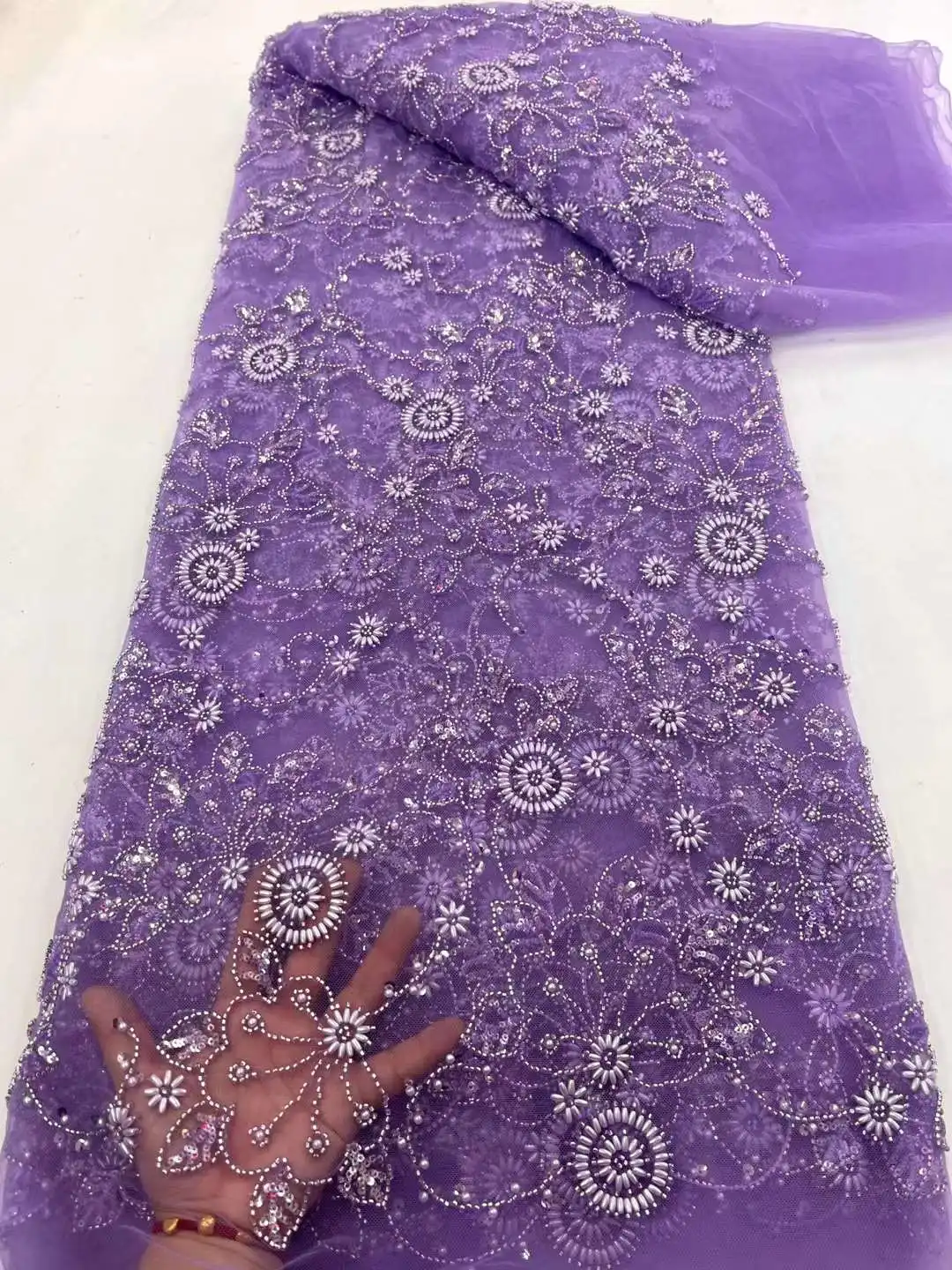 

2023 Модная элегантная французская вышивка из бисера, кружевная ткань в африканском стиле с блестками, ткань для свадебного платья XC75KH