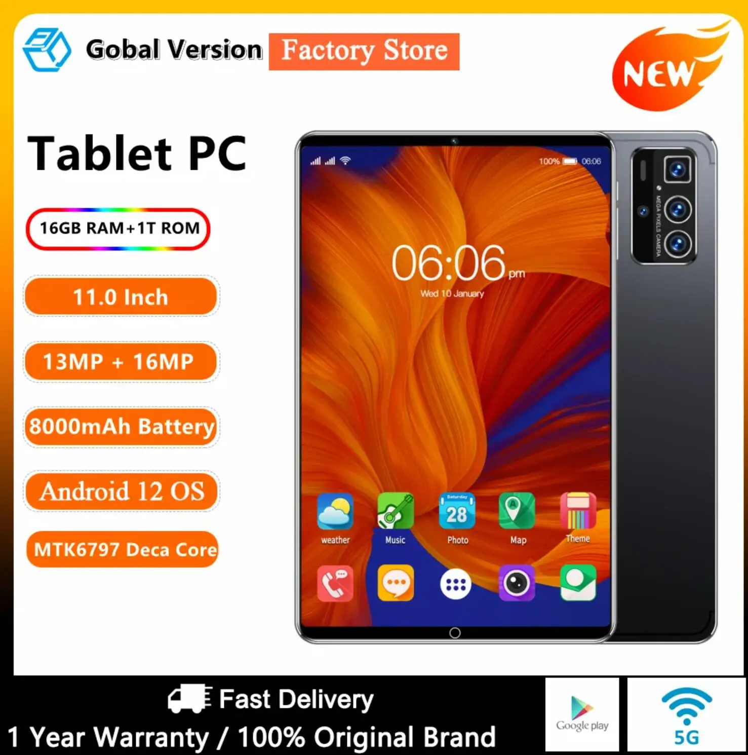 

2023 New Global Version 11 Inch Tablet Android12 16GB Ram 1T Rom Dual SIM 10 Core WPS GPS Bluetooth 5G Network GPS WPS Tablet PC