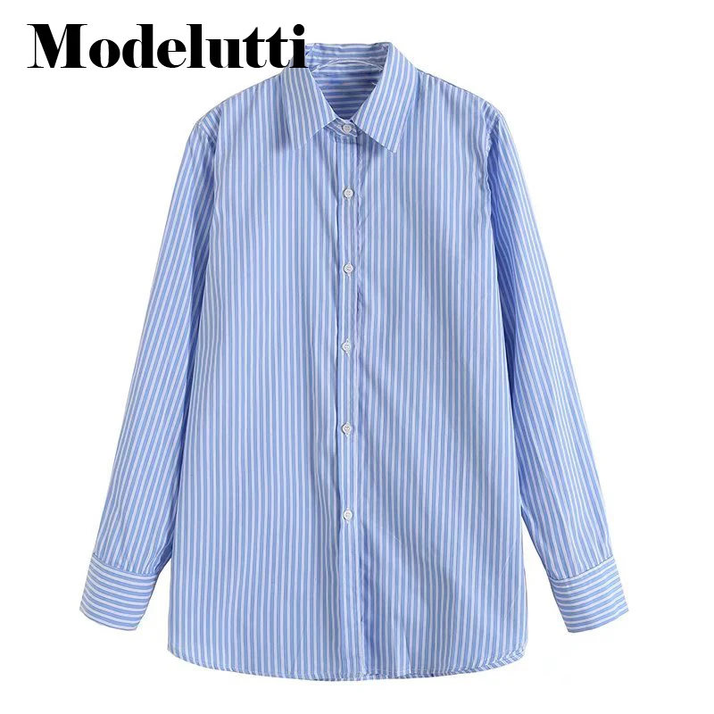 Женская блузка в полоску с длинным рукавом и лацканами