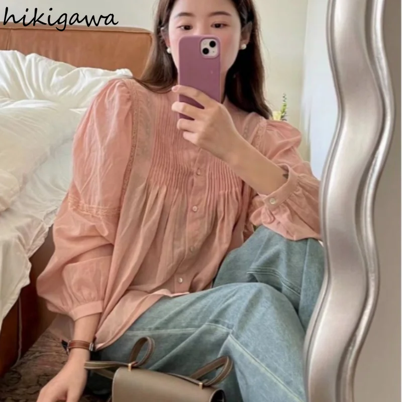 

Vintage Blouses Women Temperament Tops Femme Folds Puff Sleeve Loose Shirts See Throught Fashion Blouse 2023 Blusas De Mujer