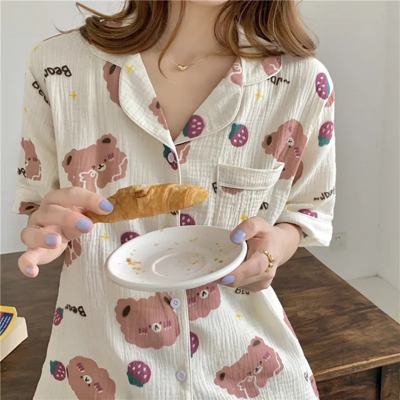 

Cotton Strawberry Pajamas Women Kawaii Sets Homewear Shorts Summer Pijama Funny Bear Cartoon Sleepwear Pyjama Night Clothes D316