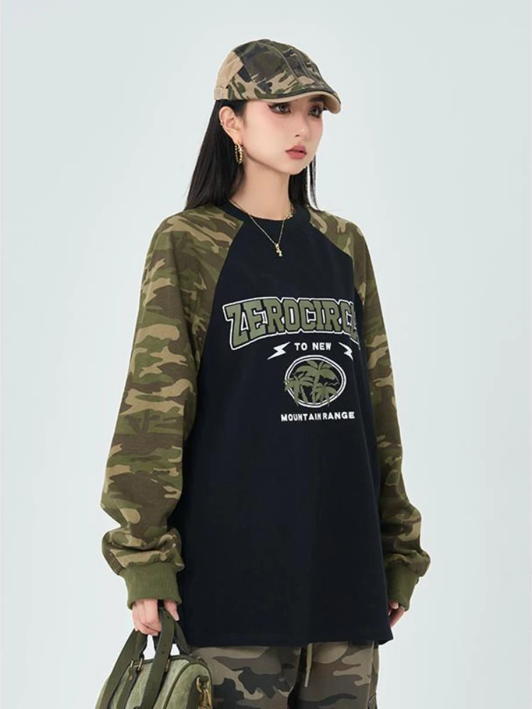 

ADAgirl Camouflage Raglan Sleeve T-shirts for Women Vintage Letter Print Oversized T Shirt American Retro Streetwear Hip Hop