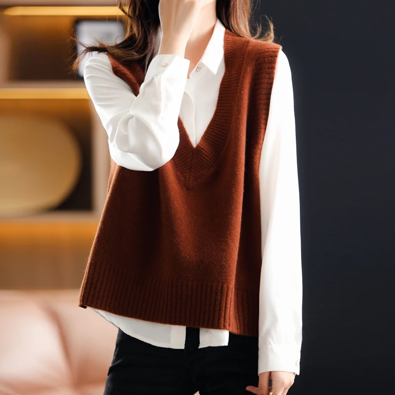 Женский вязаный свитер-жилет свободный Однотонный пуловер без рукавов с