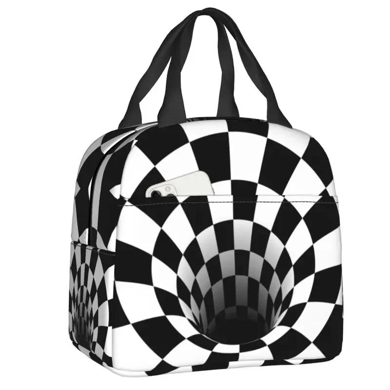 

Optical Illusion Black Hole Insulated Lunch Bags for Women Black And White Checkerboard Portable Thermal Cooler Bento Box School