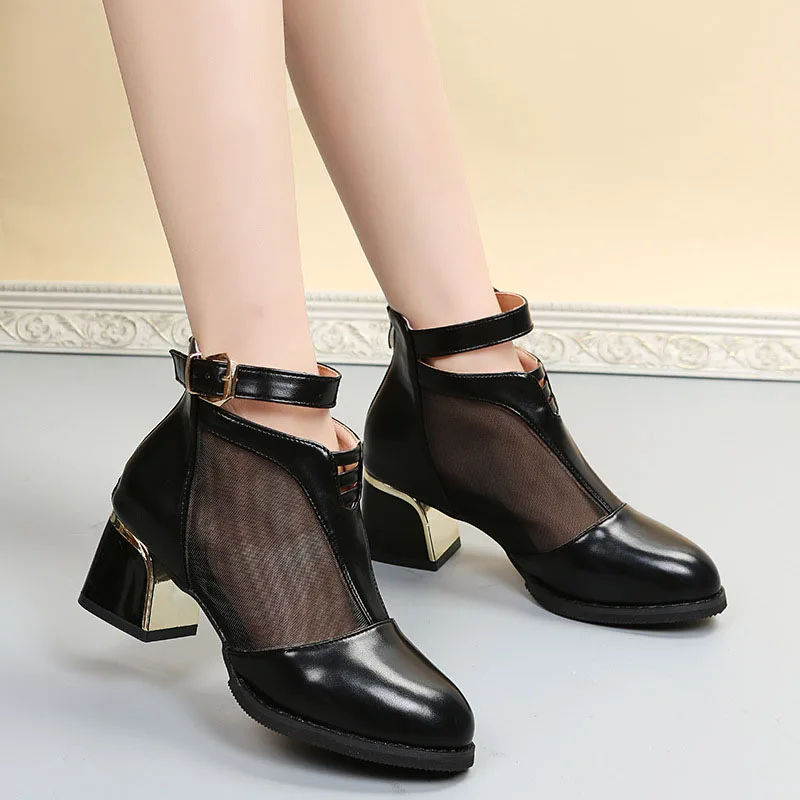 

Mesh Sandals Boots Women Lace Ankle Boot Summer Mid Heel Pointed Toe Breathable Shoes Hollow Out Back Zip Black botas femininas