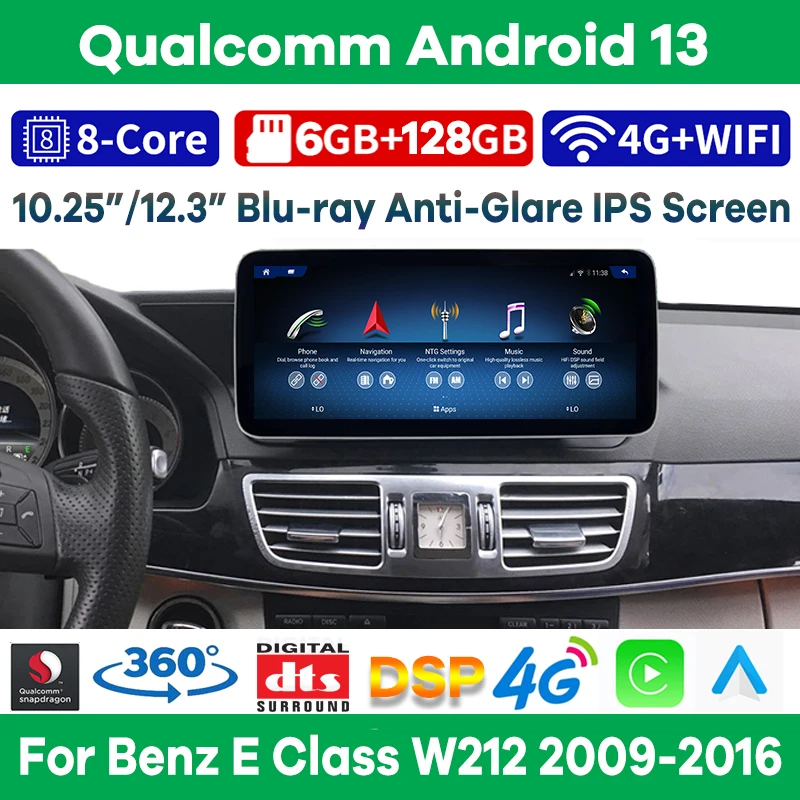 

Qualcomm 6+128G Android 13 Car Multimedia for Mercedes Benz E Class W212 2009-2016 Auto Radio Stereo Video GPS CarPlay Screen 4G