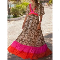 beach spring summer sexy deep v neck leopard print colorblock dress retro long party dress fashion lantern sleeve loose dress
