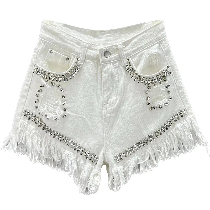 Fashion Raw Edge Balck Denim Shorts Women's 2023 Summer New High Waist Diamond Ripped Wide-Leg Short Pants Female Booty Shorts