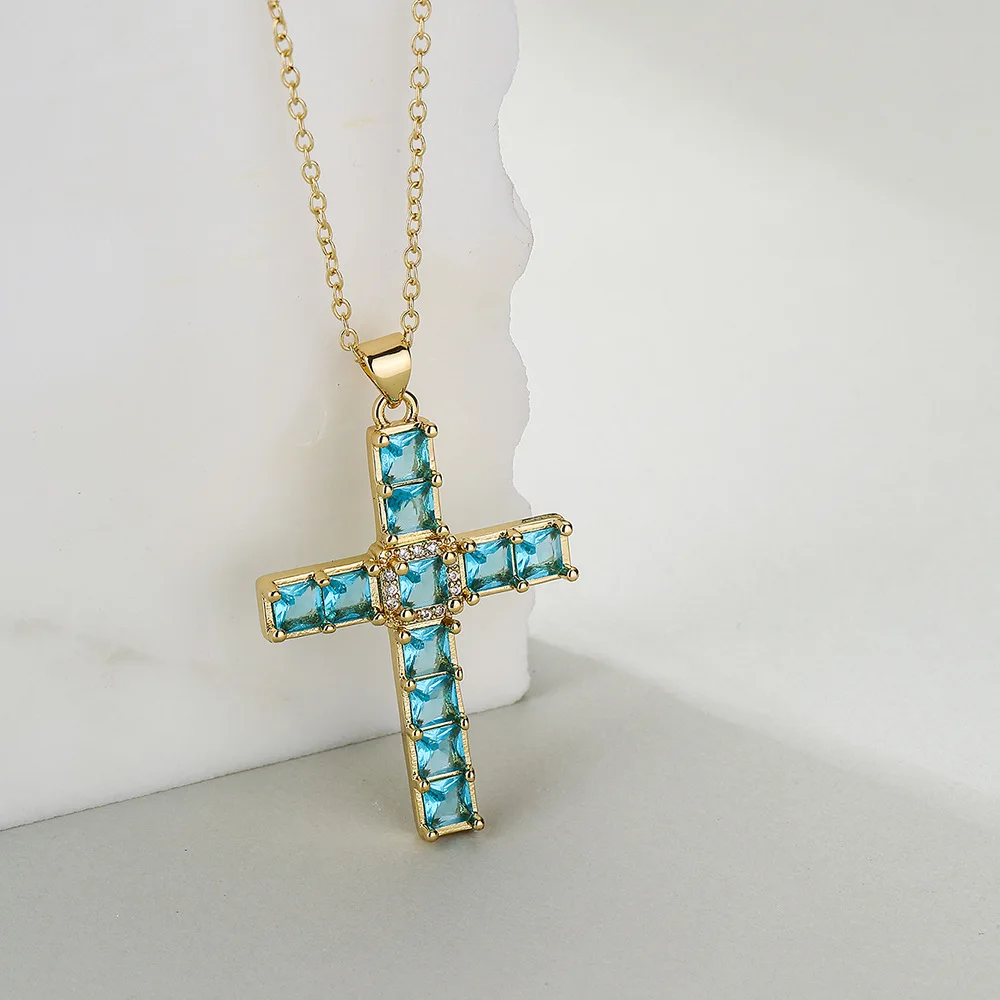 

Copper Blue Green Zircon Cross Pendant Necklace for Women Chain Choker Jewelry Collare Para Mujer Colar Free Shipping Wholesale
