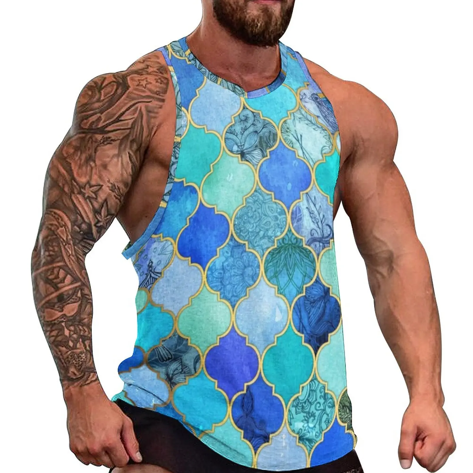

Retro Geo Print Tank Top Mens Moroccan Tile Gym Oversized Tops Summer Sportswear Custom Sleeveless Shirts