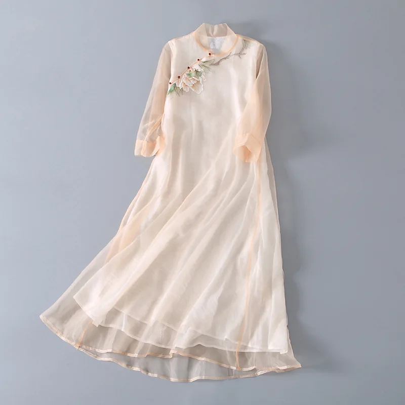 

2022 Summer Chinese Style Stand Collar Floral Print Three Quarter Sleeve Cheongsam For Women Retro Oriental Wedding Long Dress