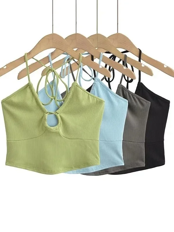 Новый летний висячий женский однотонный тонкий топ на шнуровке + длинная юбка