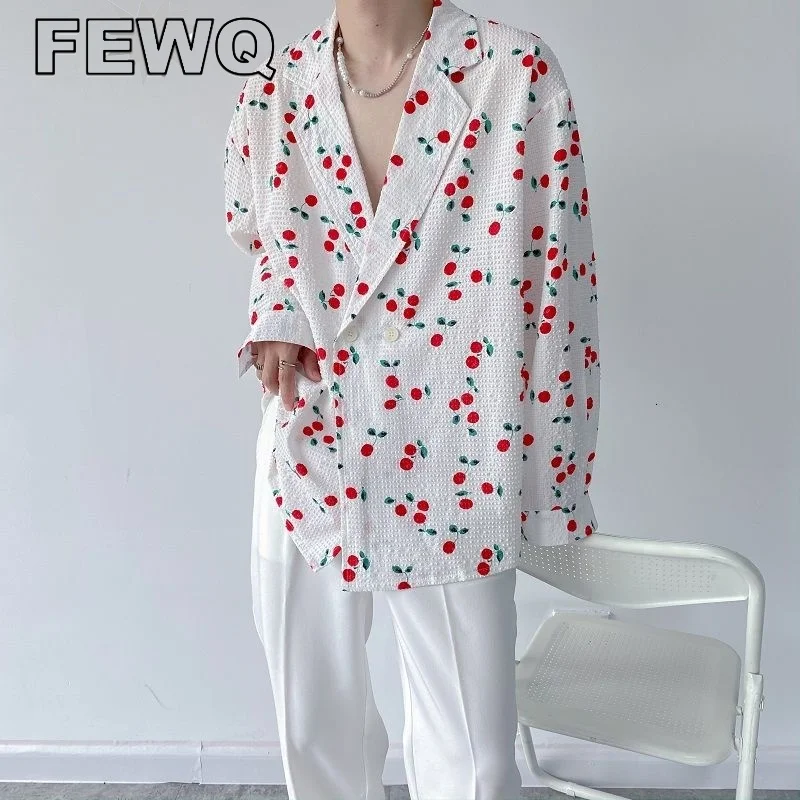 

FEWQ Men's Vintage Cherry Print Long Sleeve Shirt 2023 New Fashion Notched Breathable Comfortable Double Breasted Loose Shirts