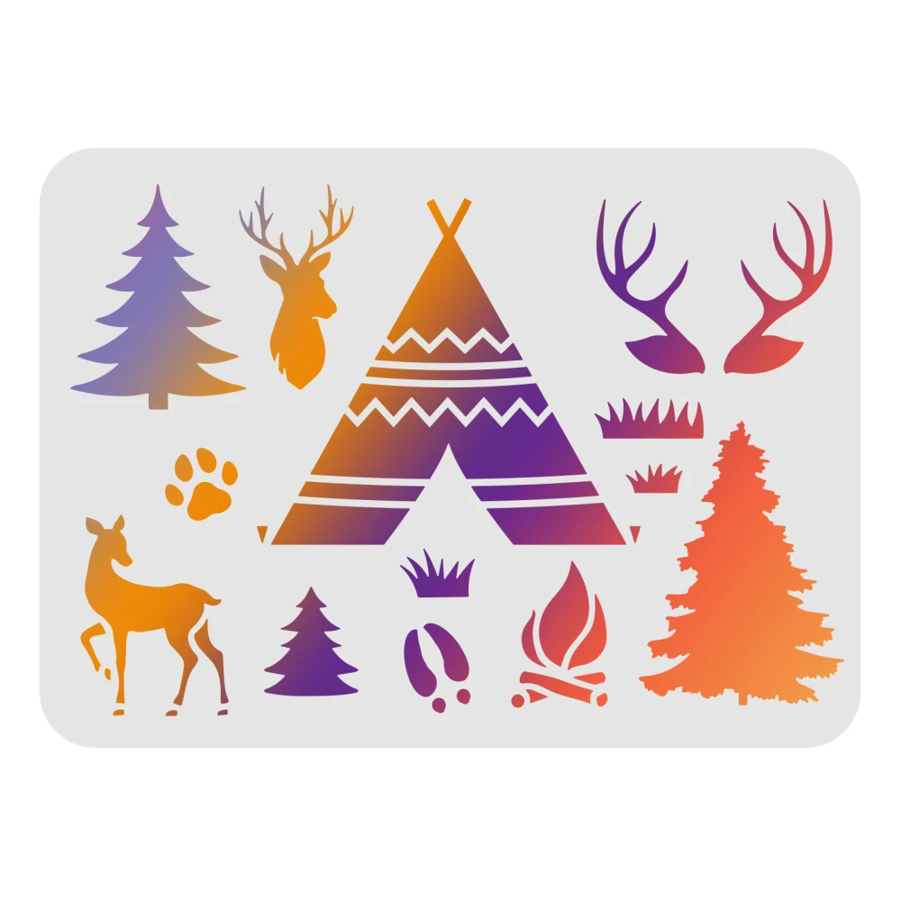 

Deer Stencils Template Plastic Tent Antlers Drawing Painting Stencils Pine Fire Print Pattern Stencils Forest Camping Stencils