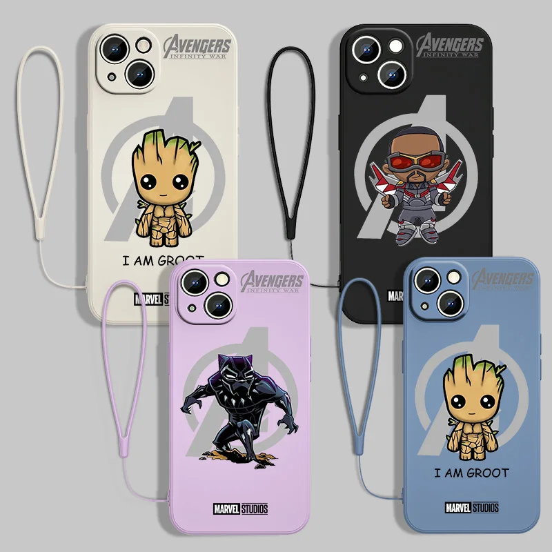 

Avengers hero Marvel For Apple iPhone 13 12 11 Pro Max mini XS XR X 8 7 6S 6 Plus Liquid Rope With Lanyard Phone Case