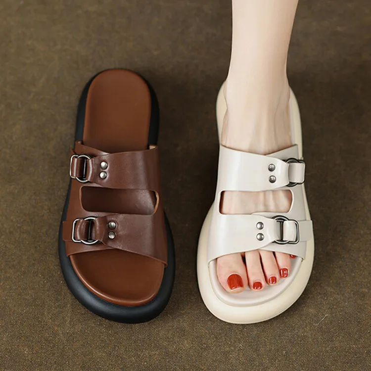 

Шлепанцы женские коричневые на платформе, винтажные сандалии на толстой подошве, пляжные тапочки с двойной пряжкой, лето 2023