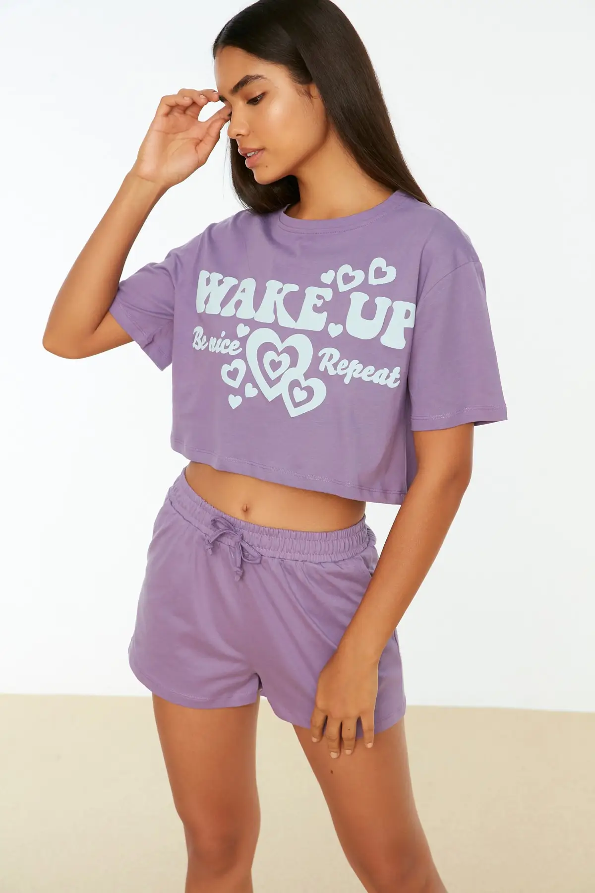 

Women's Pajamas Lilac Slogan Printed Crop Knitted Sleep Lounge Pajamas Nightwear Nightwear Nightwear Casual Home Clothing