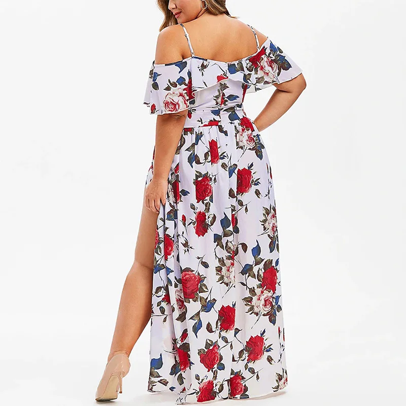Bohemian Off Shoulder Floral Print Short Sleeve Summer Casual Plus Size Clothes High Waisted Women Slit Slip Ankle-Length Dress