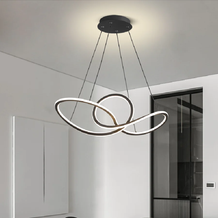 

Modern Minimalist LED Pendant Light Black Creative Round Rings Lighting Hanging Fixtures For Dining Room Kitchen Island Bedroom