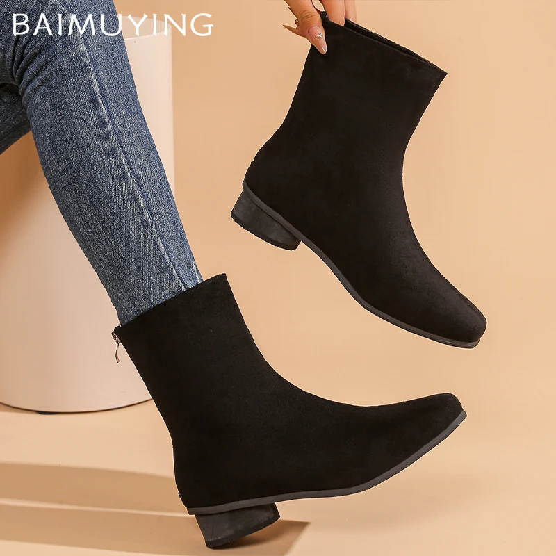 Ботильоны Зимняя женская обувь с острым носком в стиле ретро замшевая на среднем